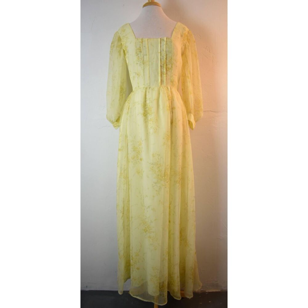 Vintage 1970s Yellow Floral Organza Maxi Dress